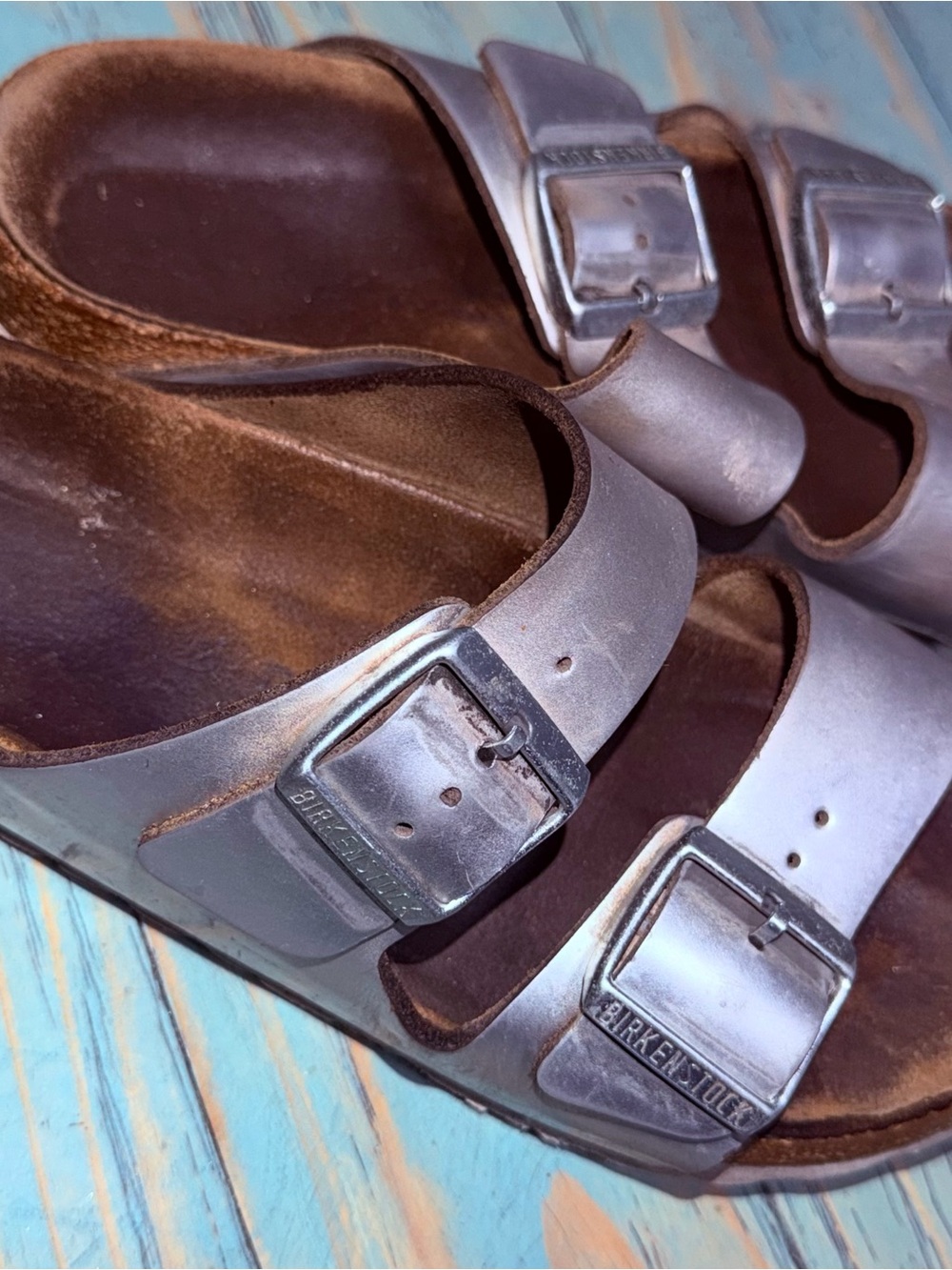 Birkenstock Arizona Two-Strap Sandals in Metallic Silver